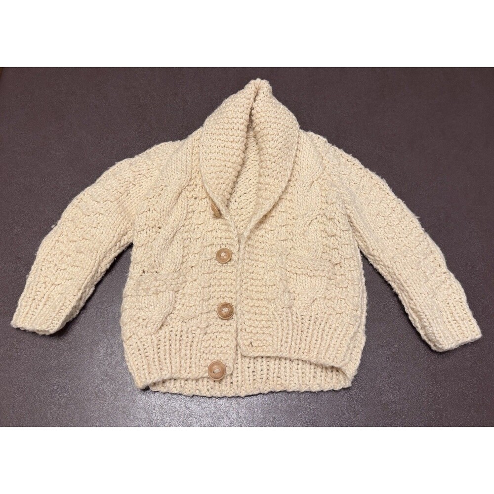 Vintage Handmade Hand Knitted Boys Medium Chunky Cable-Knit Cardigan 13” PTP